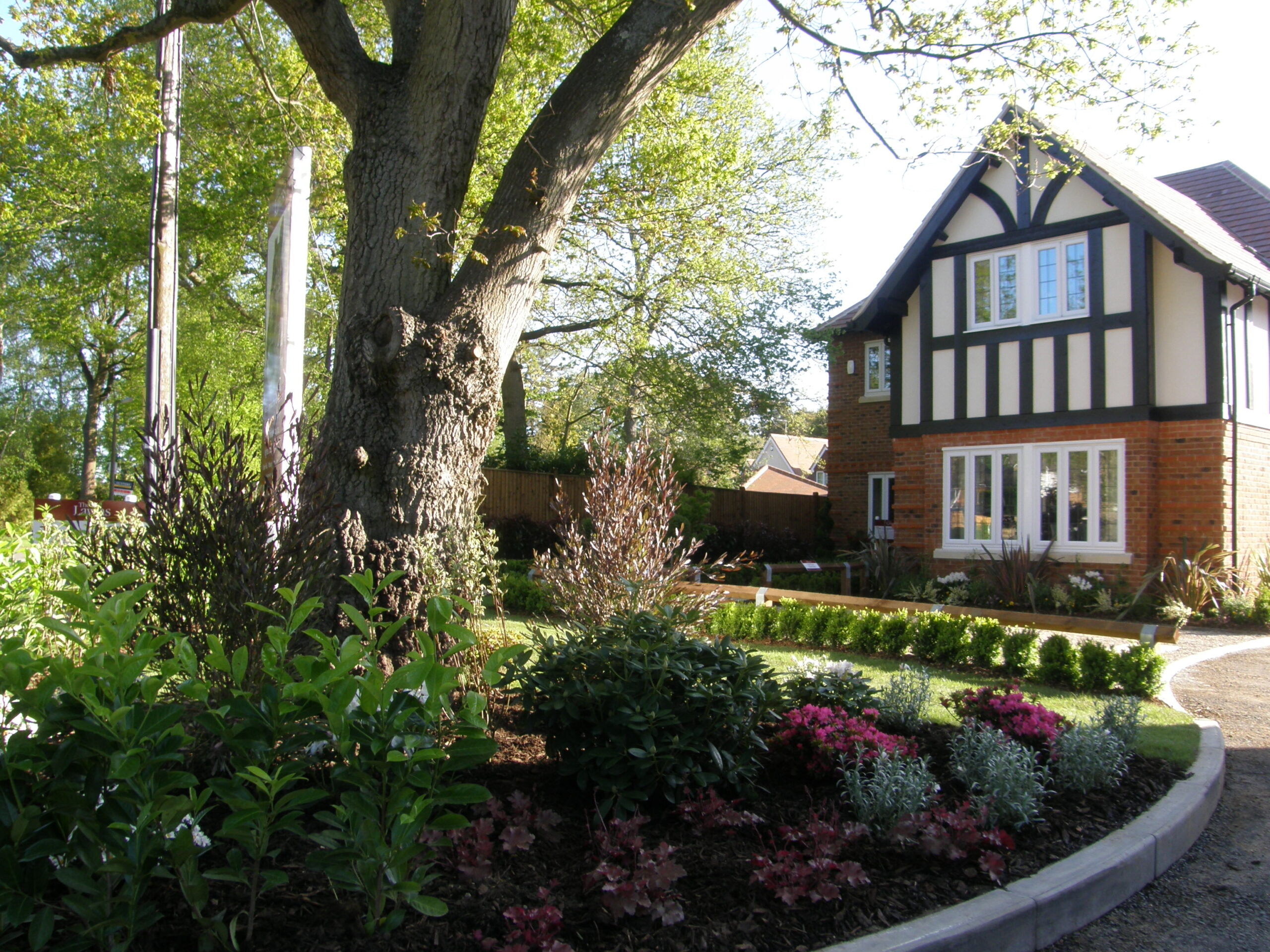 Garden landscaping for a show house in Berkshire for Antler Homes building company.